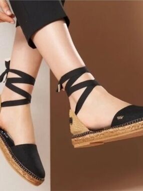 Women's Viscata Barcelona Candell Linen Black Ankle-Wrap Espadrille  Flats